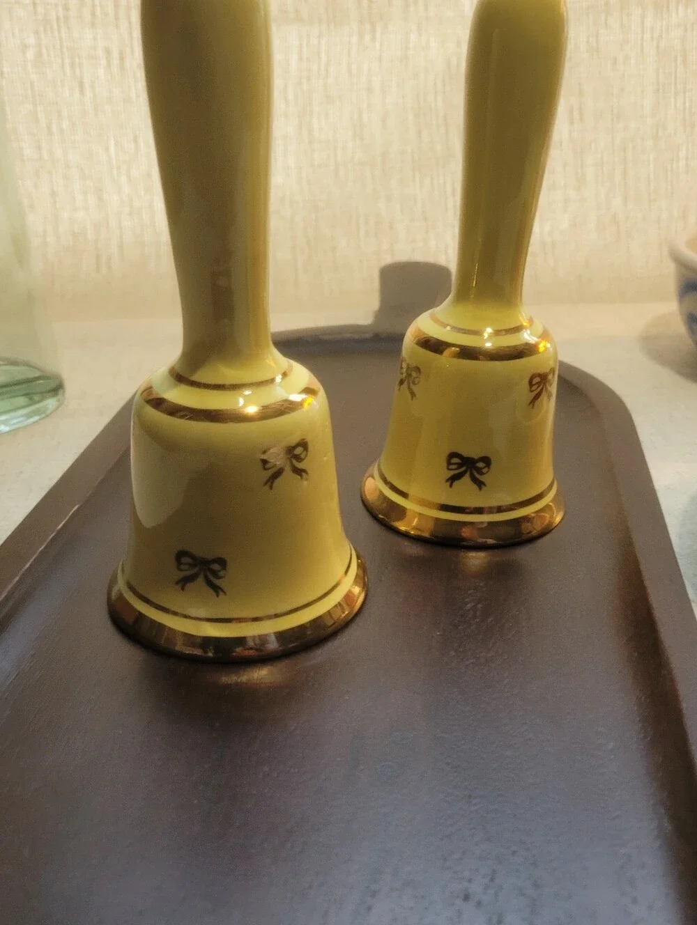 Vintage 1950s Pastel Yellow Porcelain Dinner Hand Bell Shakers Kitsch Kitchen.